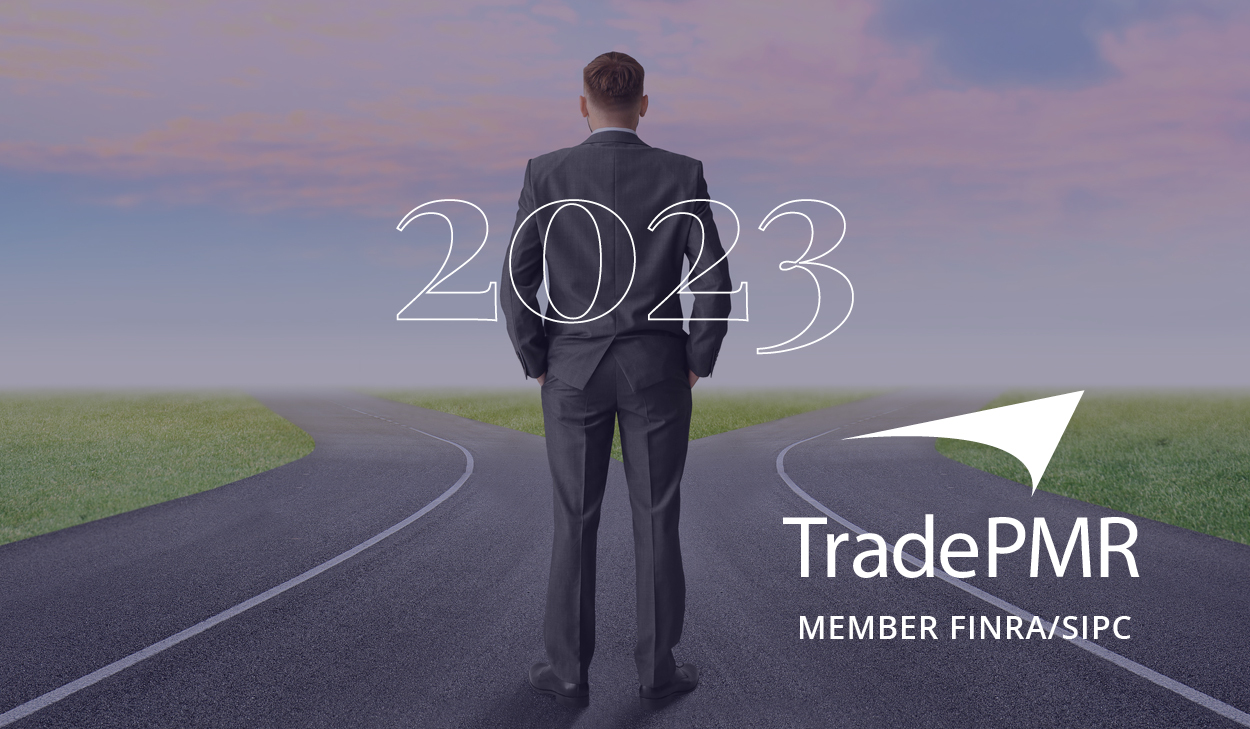 Financial advisor standing at crossroads contemplating 2023’s custodial merger. TradePMR logo.