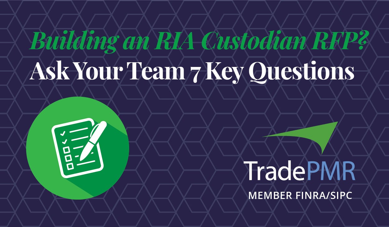 Checklist icon. Building an RIA Custodian RFP? Ask Your Team 7 Key Questions. TradePMR logo.