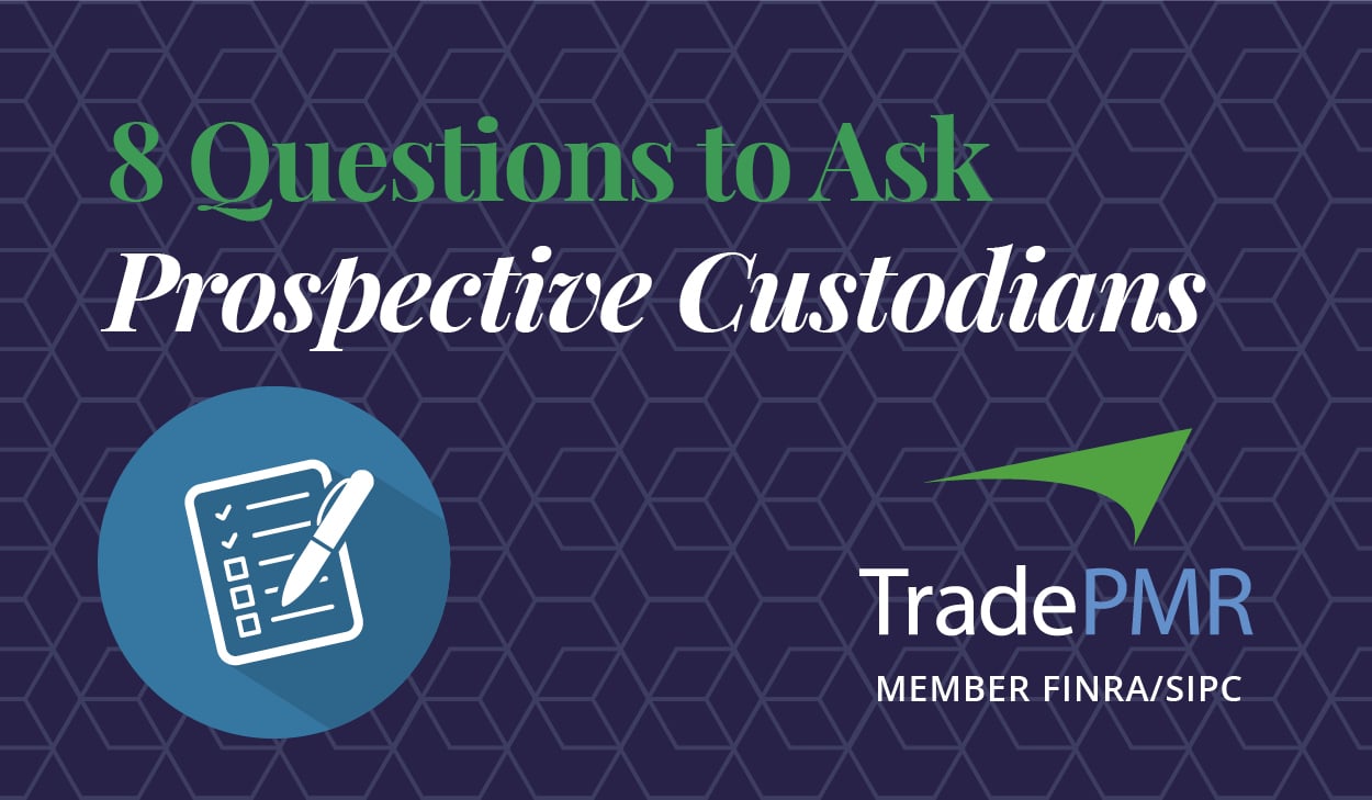 “8 Questions to Ask Prospective RIA Custodians” with a notepad and the TradePMR logo