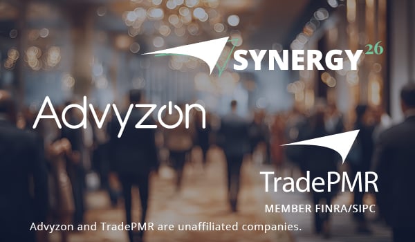 TradePMR and Advyzon logos in front of a conference floor background