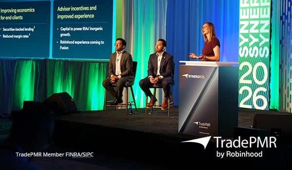 Kate Mapstone speaking at TradePMR by Robinhood Synergy26 conference with Abhishek Fatehpuria and Bret Feldman.