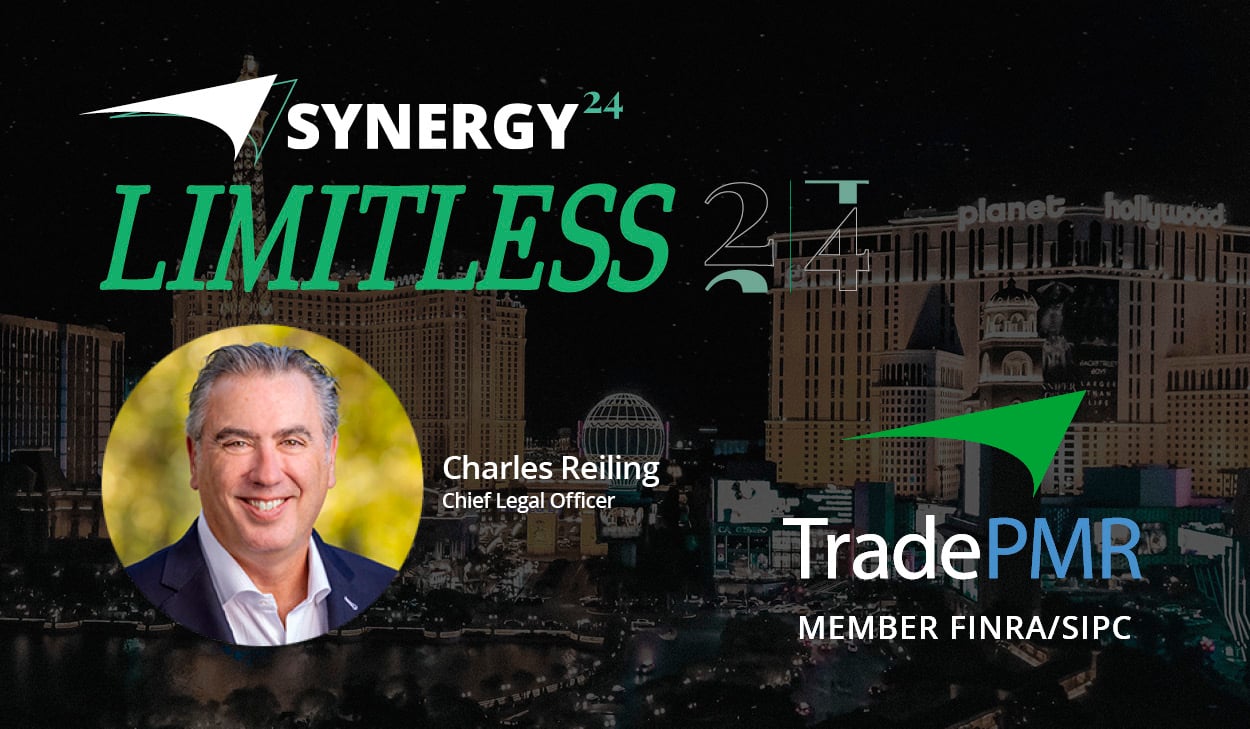 TradePMR’S RIA conference SYNERGY24 Limitless logos and Chief Legal Officer Charles Reiling’s photo for custody services blog