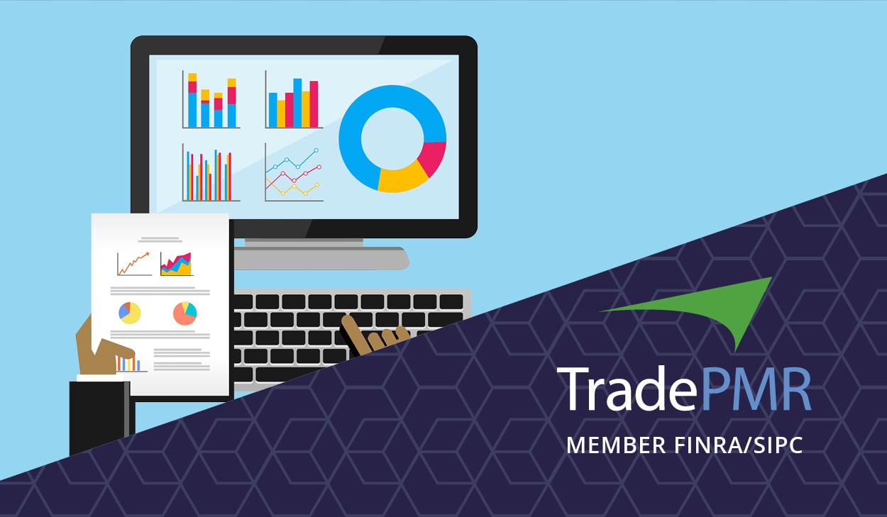 RIA performance reporting graphs on computer monitor and printed report in hand; TradePMR logo blog card.