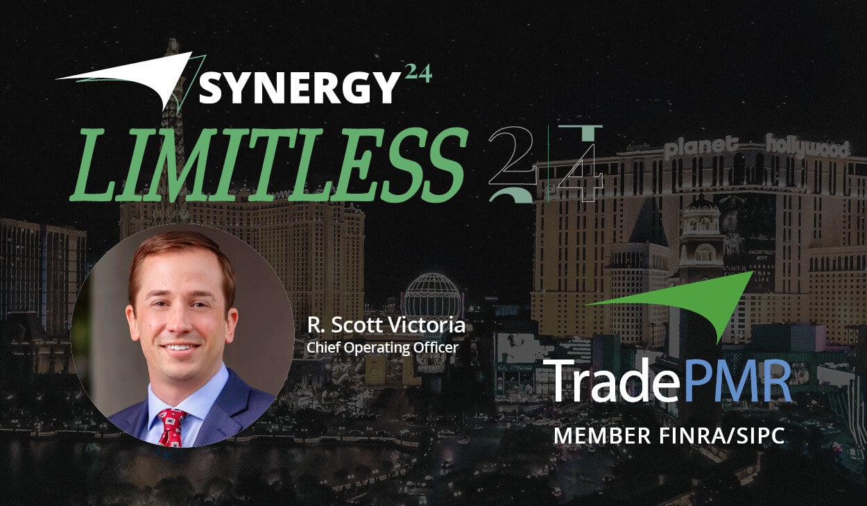 TradePMR COO Scott Victory with Las Vegas backdrop and Synergy24 logo