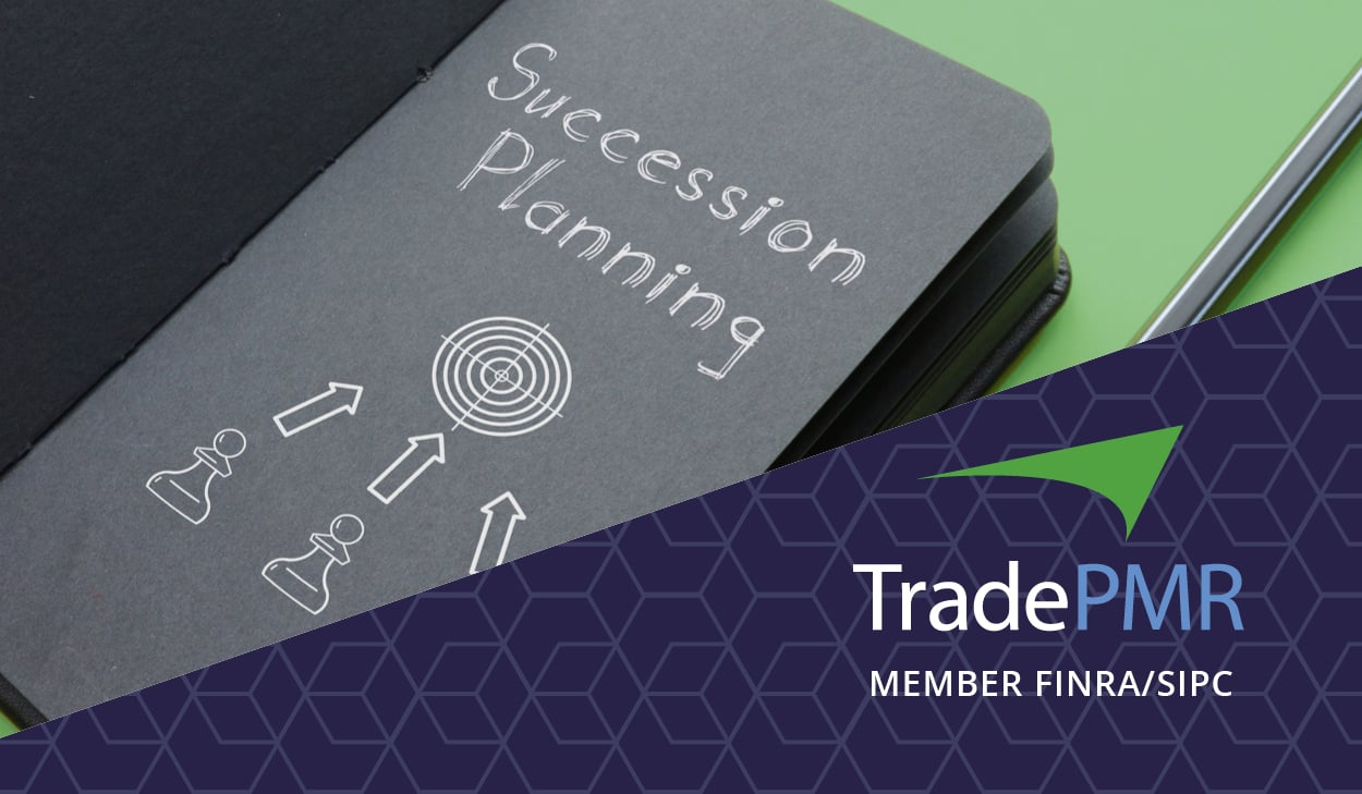 Financial advisor’s black notebook with the words Succession Planning and strategy target icon. TradePMR logo.